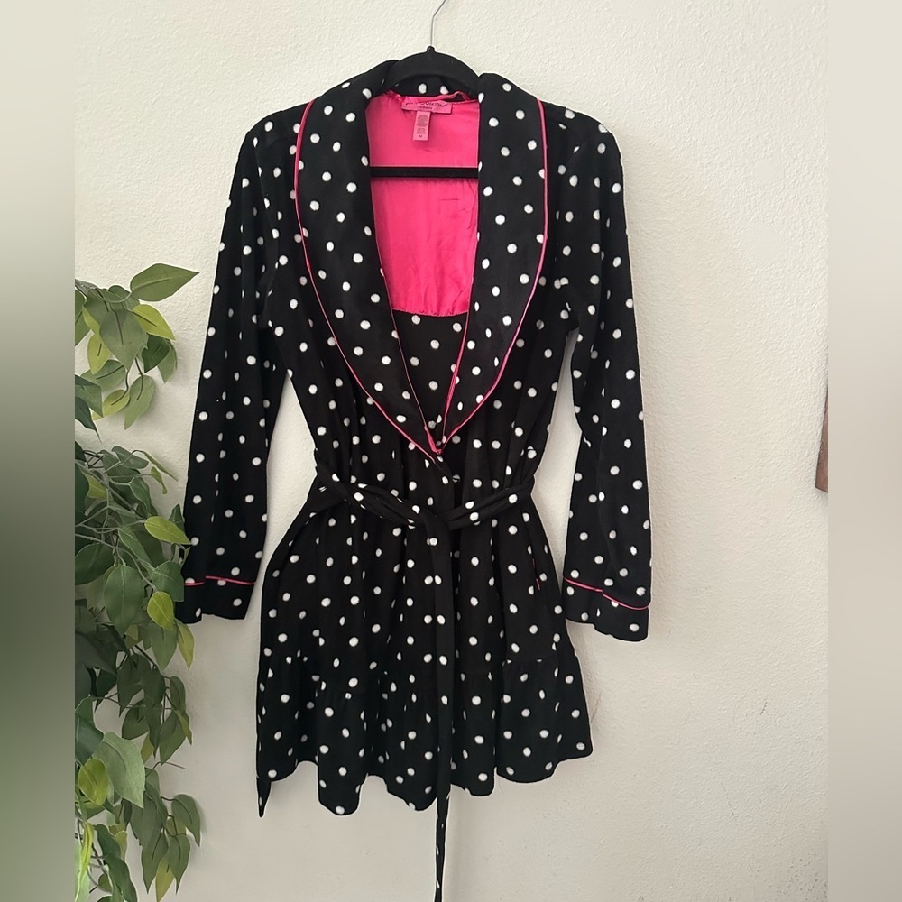Betsey Johnson Black Polka Dot Robe with Pink Accents Sz M